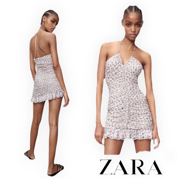 ZARA | Off White | METALLIC THREAD DRAPED PRINT DRESS - Picture 1 of 12